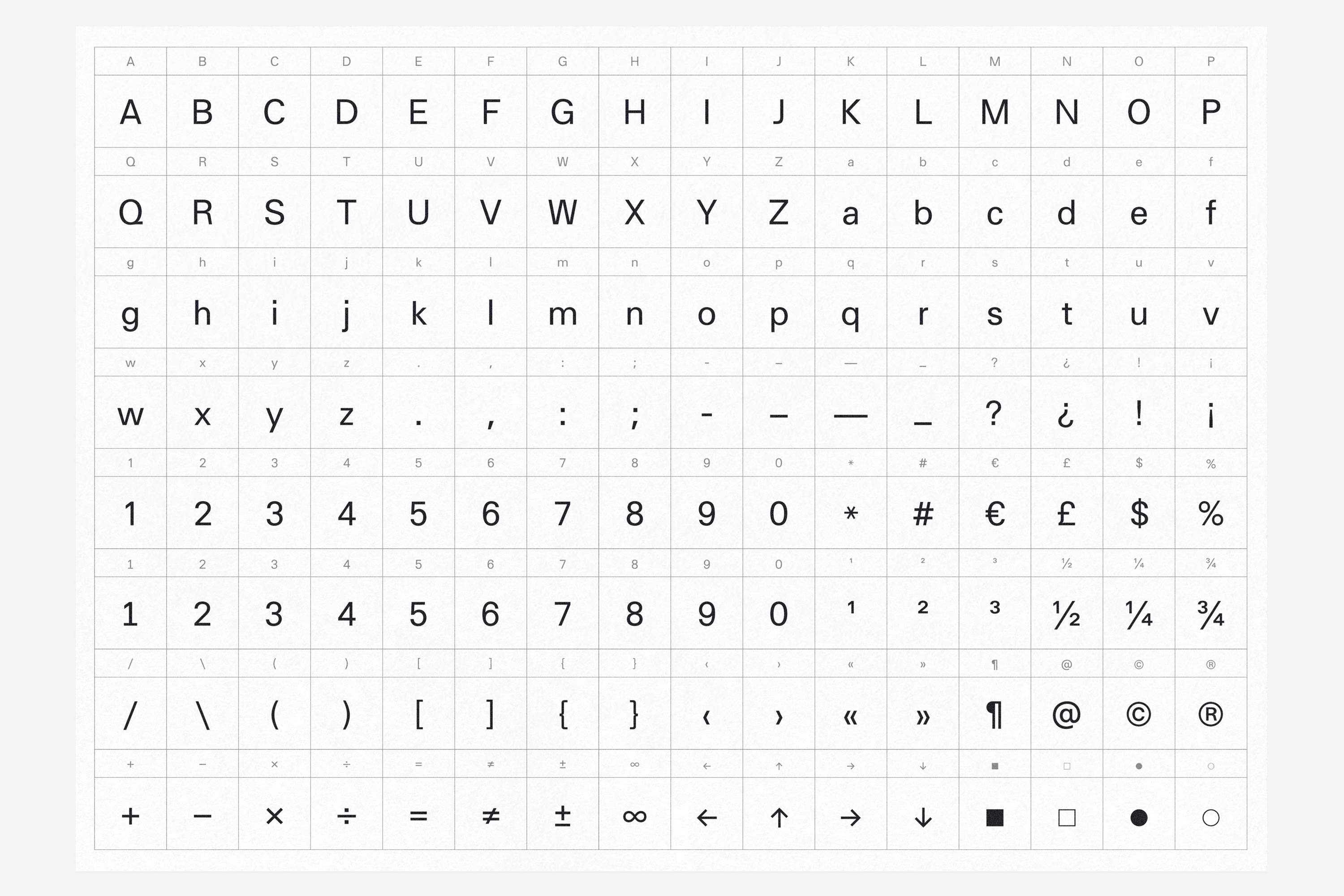 fala font, glyphs table